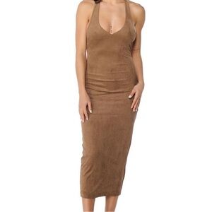 Faux Suede Brown Halter Neck Dress